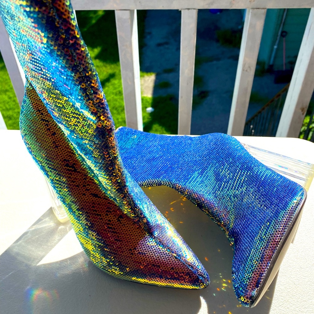 Fluorescent Sequin Chunky Heel Booties - Size 37